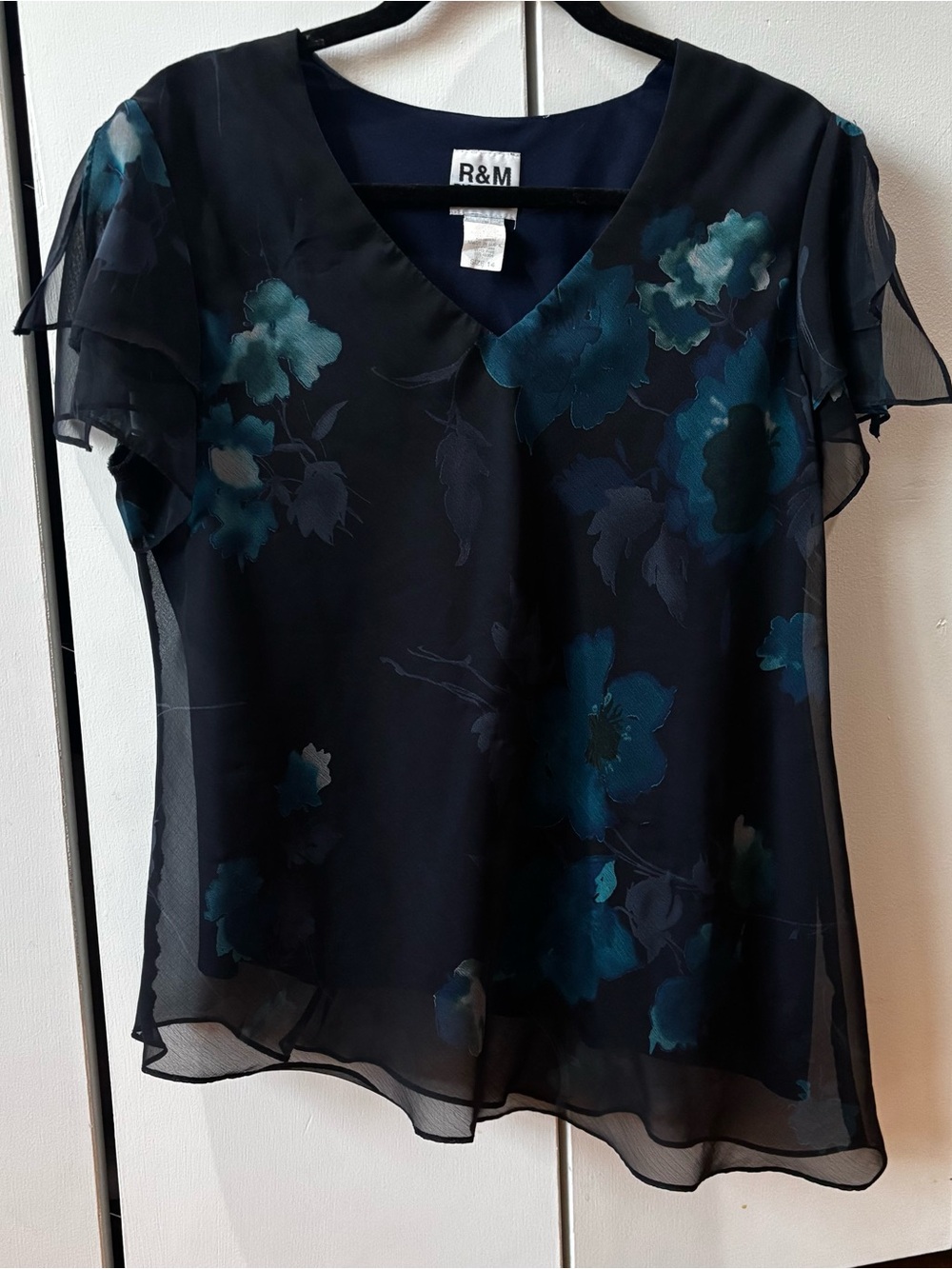 R&M Richards Navy Floral V-Neck Chiffon Blouse